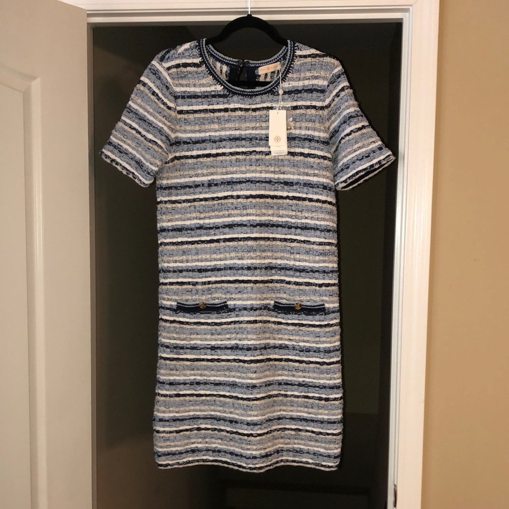Tory Burch Blue and White Striped Tweed Midi Dress